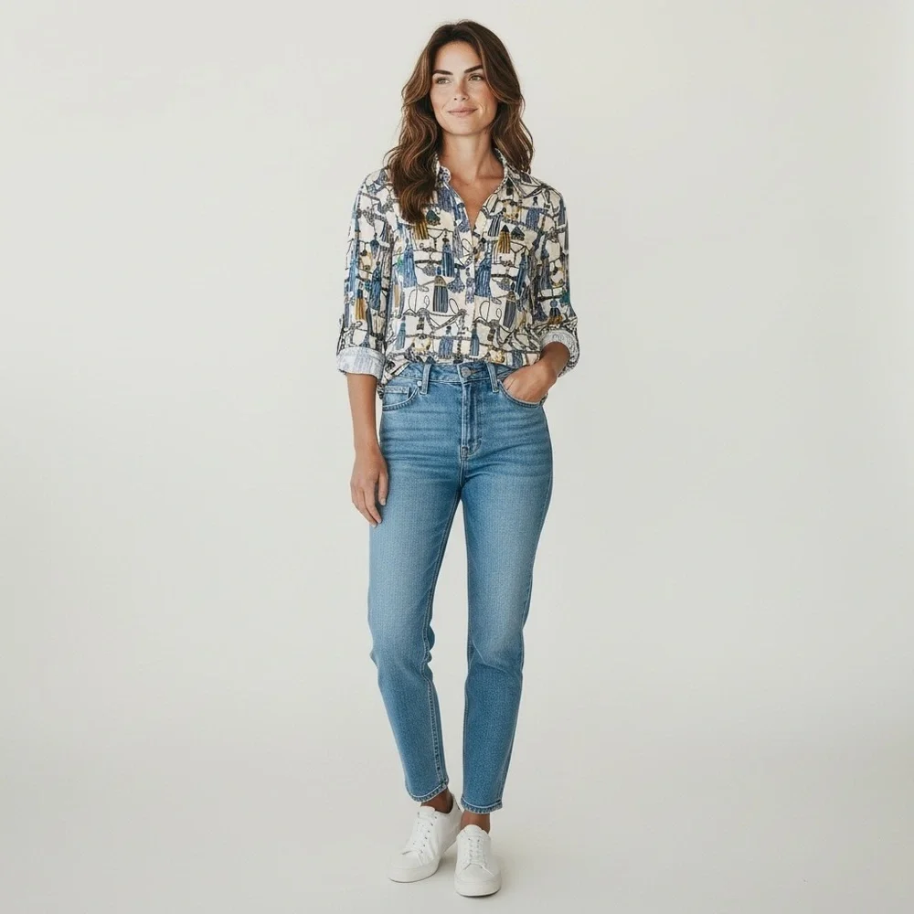 Tommy Hilfiger Blue & Gold Tassel Pattern Button Long Sleeve Up Shirt Old Money